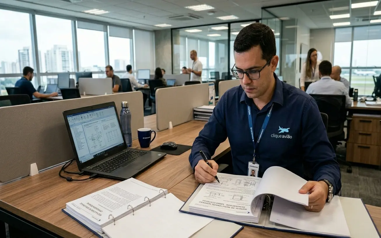 Profissional analisando documentação aeronáutica em ambiente corporativo